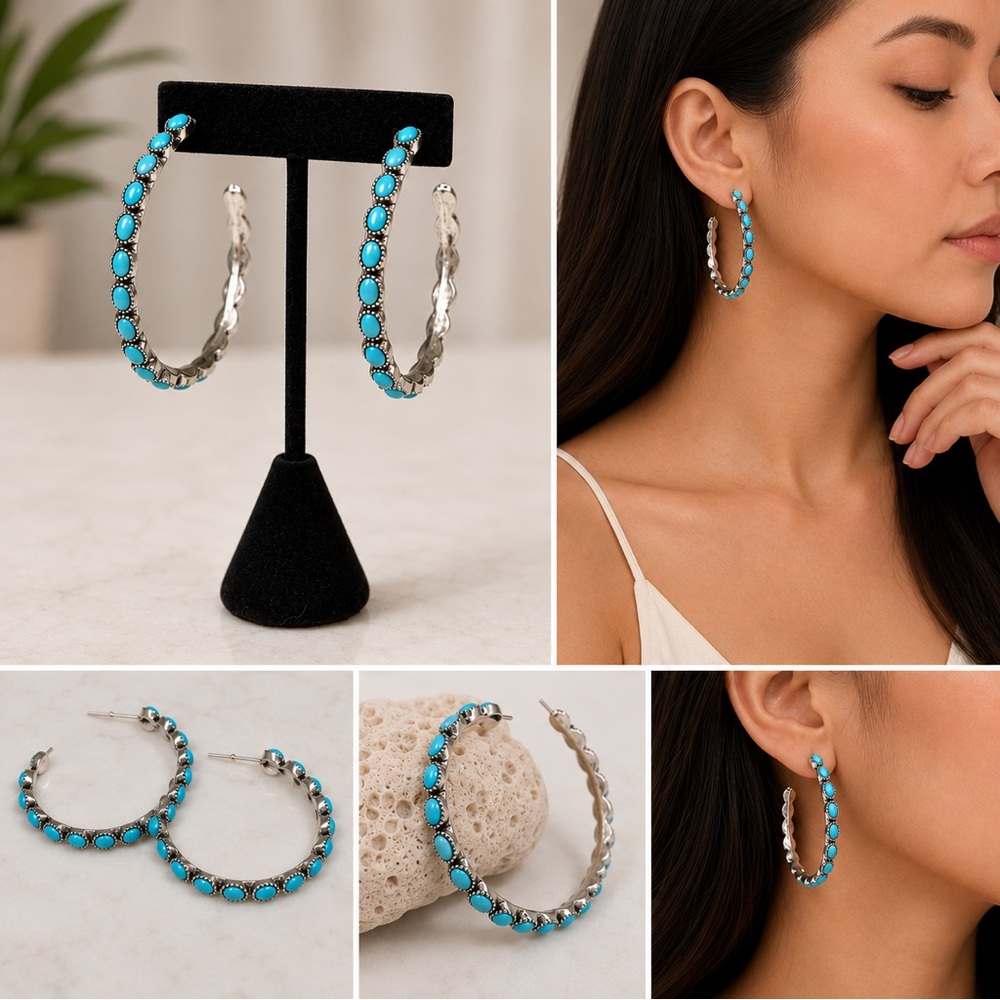 Turquoise Beaded Silver Hoop Earrings - Women Jewelry